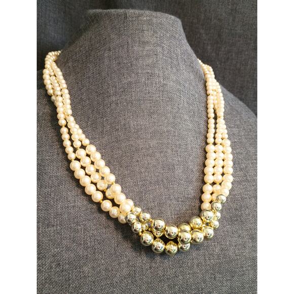 Vintage 80s Faux Pearl Necklace – 3 Strand Beauty - Picture 1 of 4